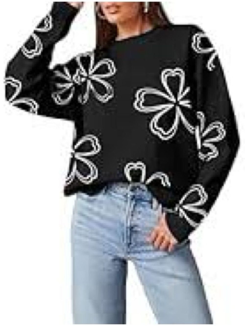 Black Crewneck Sweater with White Floral Outline